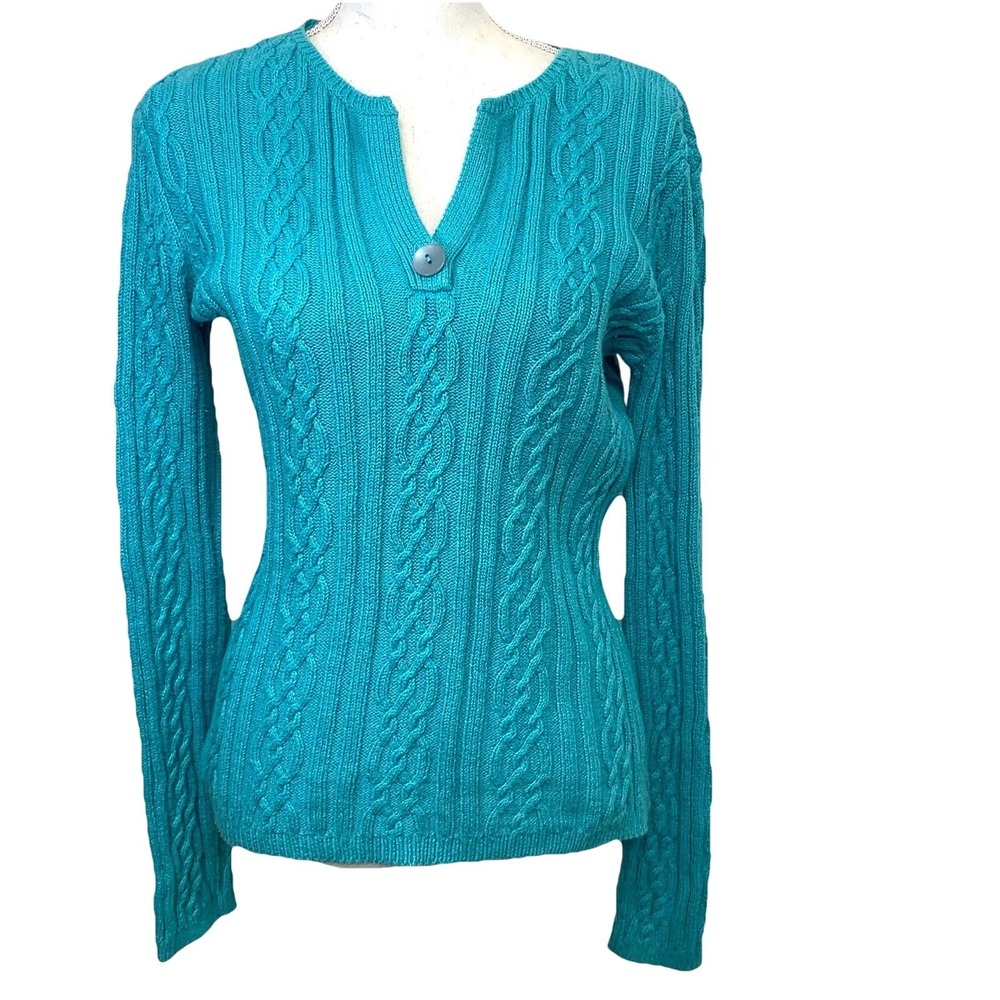 Talbots Cable Knit Sweater Teal Blue V Neck Cotton Blend Small Cotton Nylon